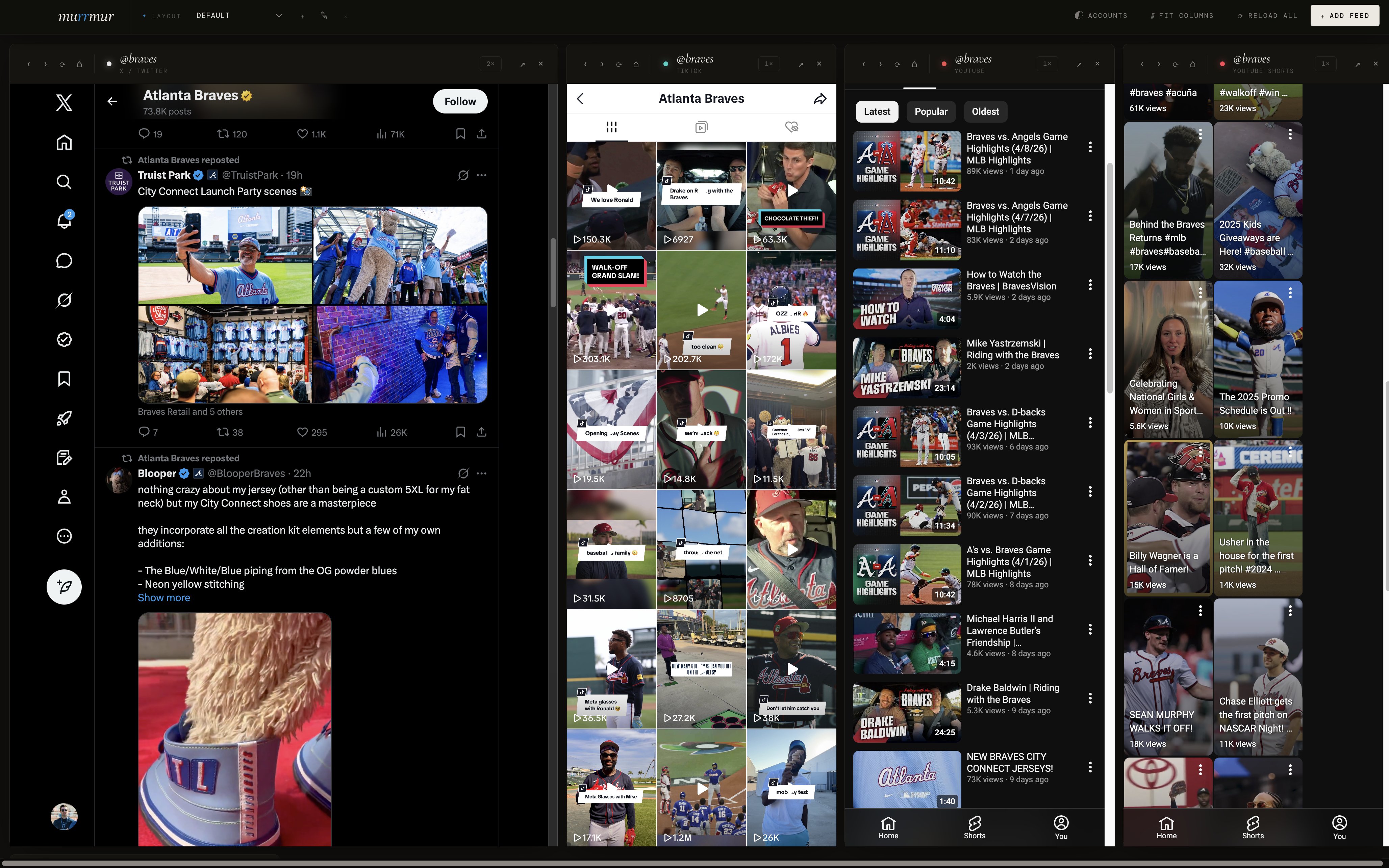 murrmur showing four social feeds tiled side by side